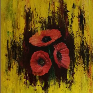 Poppies with yellow background, original image, oil on canvas, 40 x 50 cm