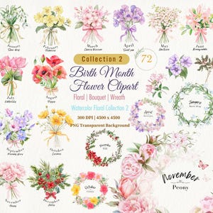 Aquarell Geburt Monat Blume Clipart, Geburt Blumenstrauß, Kranz, Geburtstag Dekor, Kartenherstellung, DIY Geschenk, personalisiertes Geschenk, Digital Png