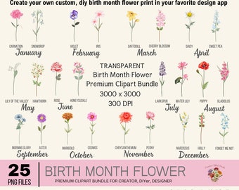 Paquete de imágenes prediseñadas de flores del mes de nacimiento: PNG florales DIY (descarga digital)
