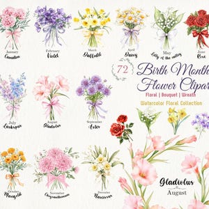 Aquarell Geburt Monat Blume Clipart, Geburt Blumenstrauß, Kranz, Geburtstag Dekor, Kartenherstellung, DIY Geschenk, maßgeschneiderte Geschenke, personalisierte Geschenke