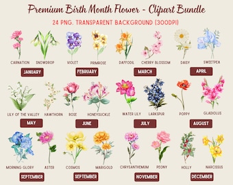Paquete de imágenes prediseñadas de flores del mes de nacimiento: archivos PNG florales (3000 x 3000 píxeles)