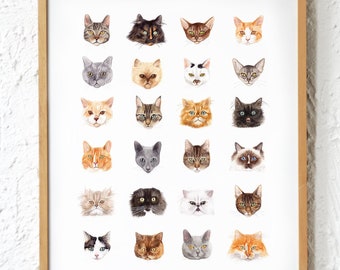 Cat Poster in A2 or A4 size, Print with illustration of different types of Cats