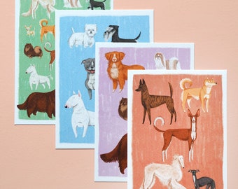 Dog Postcards, 4 different cards with dog illustrations