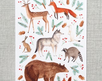 Woodland Animals Christmas Card in A6 postcard size including envelope