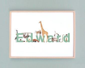 Custom Baby Name Wall Art with Animals, Personalised Nursery Present