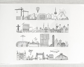 Rotterdam Skyline Illustration Print A3 size