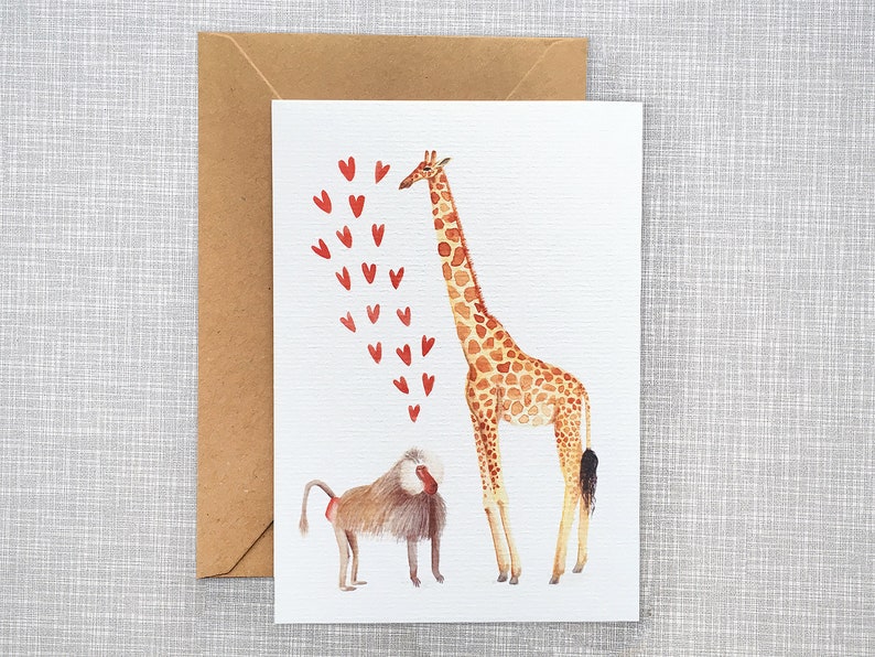 Animal Postcard with Bear x Hare or Giraffe x Baboon Baboon & Giraffe
