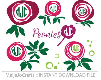 Peonies monogram Cricut SVG  cutting file DXF Clipart PNG instant download monogram frame, Silhouette monogram Cameo cut file Vector file
