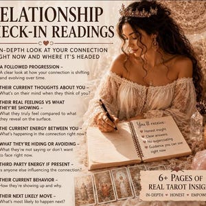 May include: A promotional graphic for relationship check-in tarot readings featuring text detailing the service. The image includes a list of insights provided, such as current thoughts, feelings, and behaviors, alongside a note about receiving 6+ pages of tarot insight.