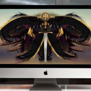 May include: A computer screen displaying a digital art image of a black and gold butterfly with a sword and a cross. The butterfly has intricate details and a gradient of colors.