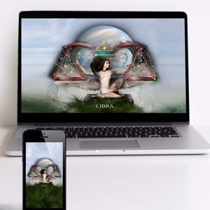 Puede incluir: Una ilustración digital del signo del zodíaco Libra, que presenta a una mujer sentada en una plataforma de piedra con una balanza detrás de ella. El fondo es un cielo nublado con un gran orbe azul.