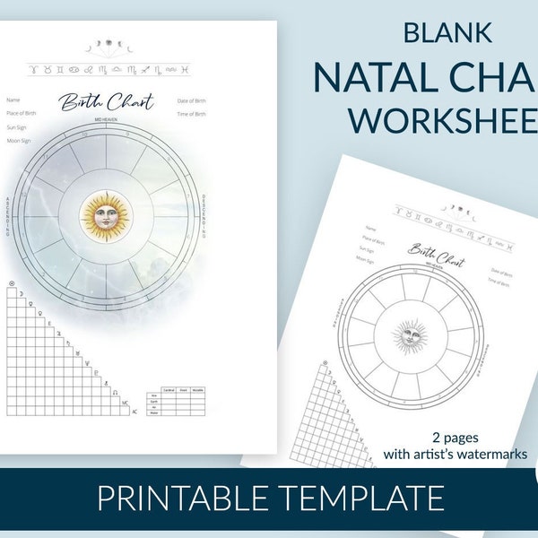 Blank Natal Chart Printable Worksheet. Astrology Birth Chart Template for Students, Astrologers, Enthusiasts who do your own charts.