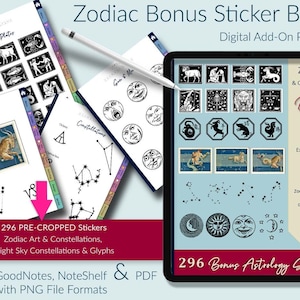 Vorgeschnittenes digitales Stickerbuch. Sternzeichen, Horoskop, Constellation Art für GoodNotes und Noteshelf Planner. Icon Bild Organizer Notizbuch.