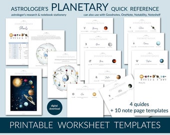 Könnte beinhalten: Druckbare Arbeitsblattvorlagen für Astrologen mit einer farbenfrohen Illustration von Planeten im Weltraum, einer Tabelle mit Planetensymbolen und 10 Notizseitenvorlagen. Der Text "ASTROLOGER'S PLANETARY QUICK REFERENCE" befindet sich oben im Bild.