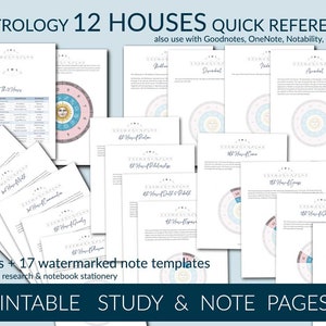 May include: Printable astrology study and note pages with 12 houses quick reference guide. The pages are designed for use with digital note-taking apps like Goodnotes, OneNote, Notability, and Noteshelf. The pages feature a circular chart with the 12 houses of astrology and a table with descriptions of each house.