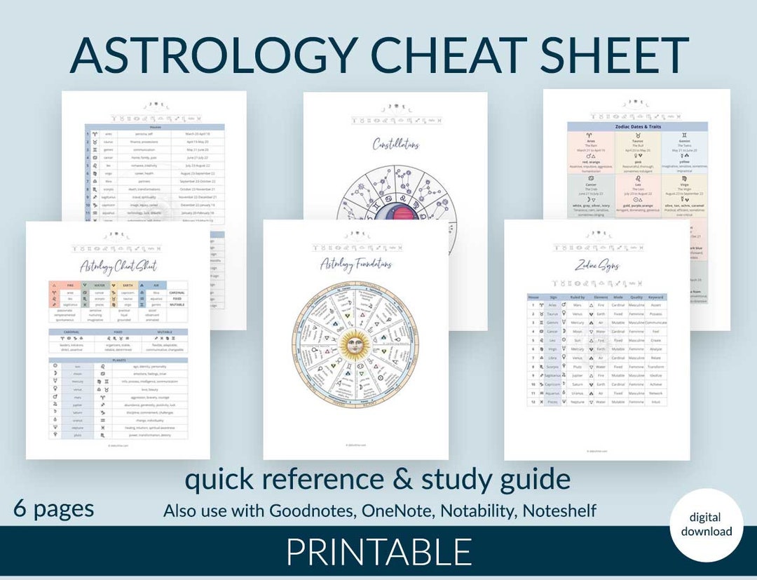 Astrology Cheat Sheet Package, Printable Quick Reference Guides, Study ...