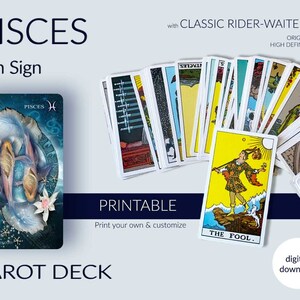 Afdrukbaar tarotdek. Rider-Waite Tarotkaartbundel met Vissen Zodiac Sun Sign Art-thema. Direct digitaal downloaden. Majoor, kleine Acana