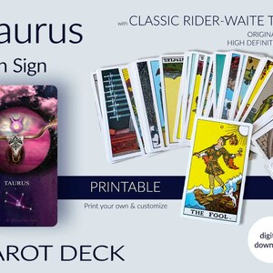 Könnte beinhalten: Ein druckbares Tarot-Deck mit dem Sternzeichen Stier auf einem rosa und violetten Hintergrund. Das Deck basiert auf dem klassischen Rider-Waite-Tarot mit Originalbildern und hochauflösendem Druck. Die Karte Der Narr ist auf dem Bild zu sehen.