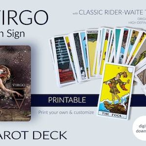 Mazzo di tarocchi stampabile. Pacchetto di carte dei tarocchi Rider-Waite con tema artistico del segno solare della Terra dello zodiaco della Vergine. Download digitale istantaneo. Maggiore, Minore Acana