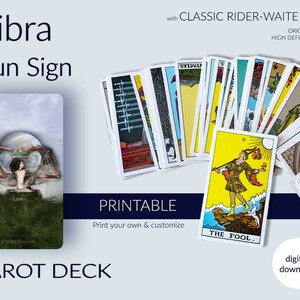 Può includere: Mazzo di tarocchi stampabile con il segno solare della Bilancia. Il mazzo include 78 carte con immagini di tarocchi classiche Rider-Waite. L'immagine mostra la carta del Matto e la carta del segno solare della Bilancia.