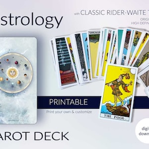 Afdrukbaar tarotdek. Rider-Waite Tarotkaartpakket met astrologie Zodiac Art-thema. Direct digitaal downloaden. Majoor, kleine Acana