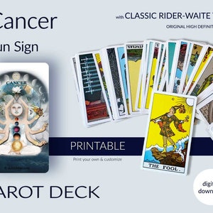 Kanker Tarot dek. Afdrukbare Rider-Waite Tarot-kaartbundel met Zodiac Sun Sign Art-thema. Direct digitaal downloaden. Grote en kleine Acana