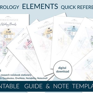 May include: Printable astrology elements quick reference guide and note templates. The guide features four pages with different elements: Earth, Air, Fire, and Water. Each page includes a circle with the element's name and energy type, along with a description of the element's characteristics.