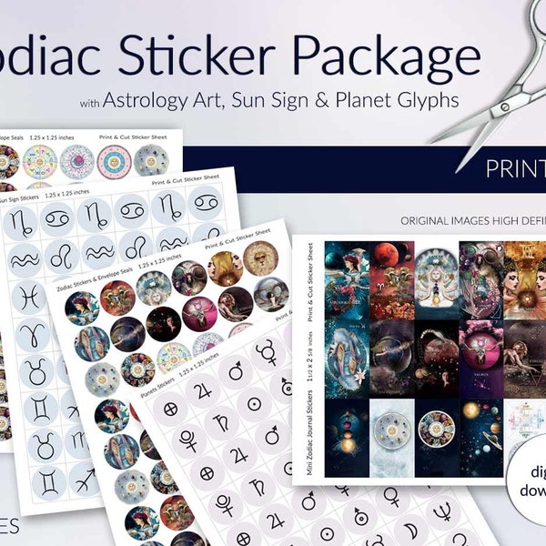 Printable Astrology Stickers, Zodiac Sun Sign Art and Glyph Labels for Journaling, Scrapbooks, Planners, Crafts. DIY Digital Download File