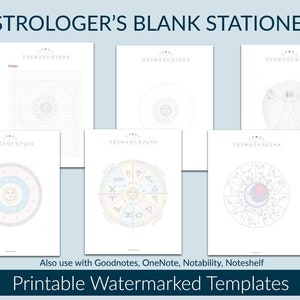 Astrologie afdrukbare briefpapierbundel, studiesjablonen met watermerk en blanco horoscoopnotitieboekje. Schrijver's Zodiac digitaal pakket