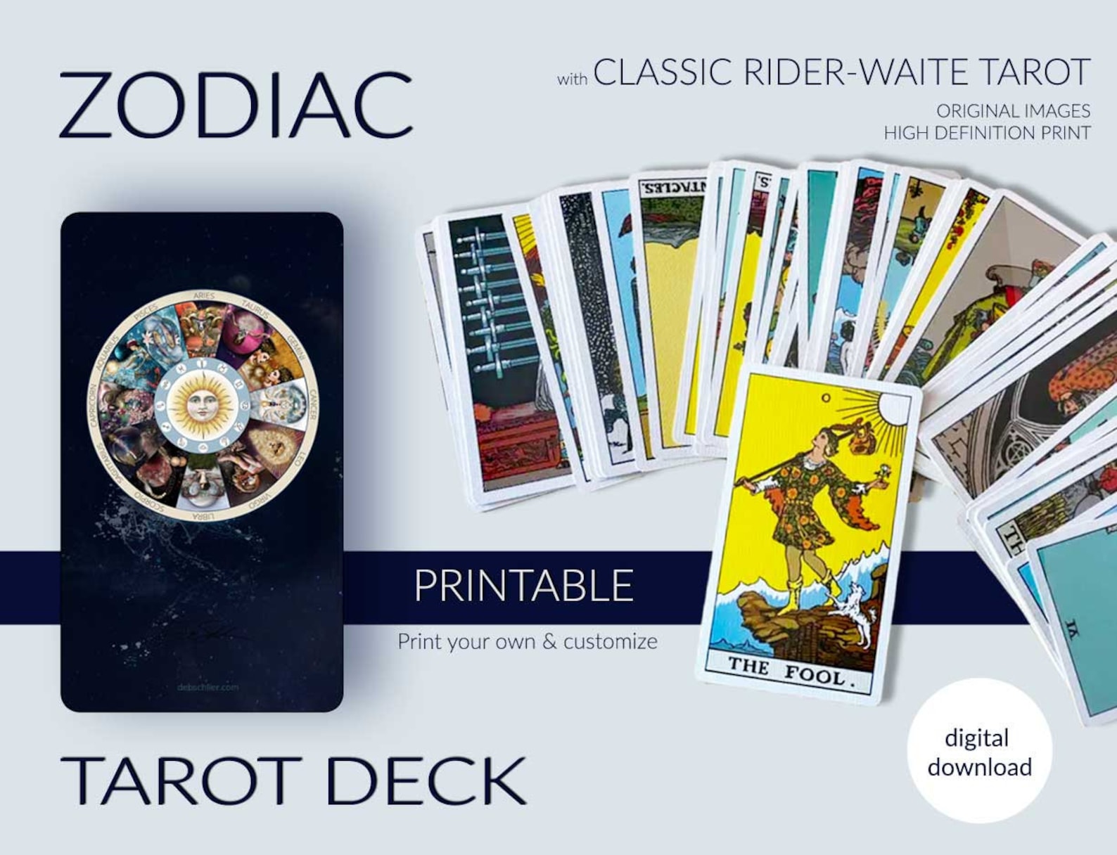 Printable Tarot Deck. Riderwaite Tarot Card Package With Zodiac Signs