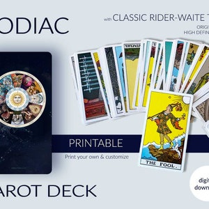 Afdrukbaar tarotdek. Rider-Waite Tarotkaartpakket met kunstthema sterrenbeelden. Direct digitaal downloaden. Major, Minor Acana 78-kaartendek