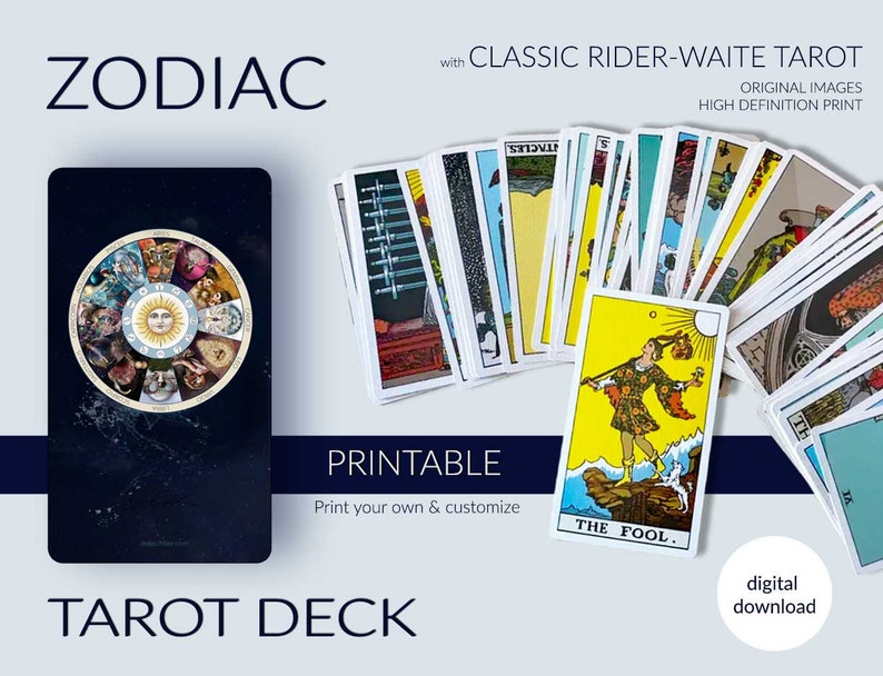 Printable Tarot Deck. Rider-waite Tarot Card Package With Zodiac Signs ...