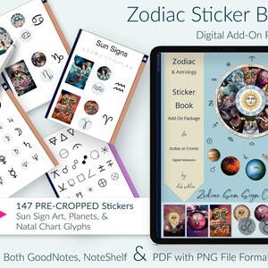 Voorgesneden Zodiac digitaal stickerboek. Horoscoop Zonneteken Kunst voor GoodNotes EN Noteshelf Planners. Kosmische Icoon Image Organizer Notebook
