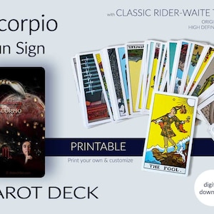Baralho de Tarô para impressão. Pacote de cartas de tarô Rider-Waite com tema de arte do signo solar do zodíaco Escorpião. Download digital instantâneo. Acana Maior, Menor