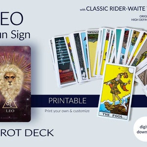 Baralho de Tarô de Leão. Pacote de cartas de tarô Rider-Waite para impressão com tema de arte do signo solar do fogo do zodíaco. Download digital instantâneo. Acana Maior, Menor