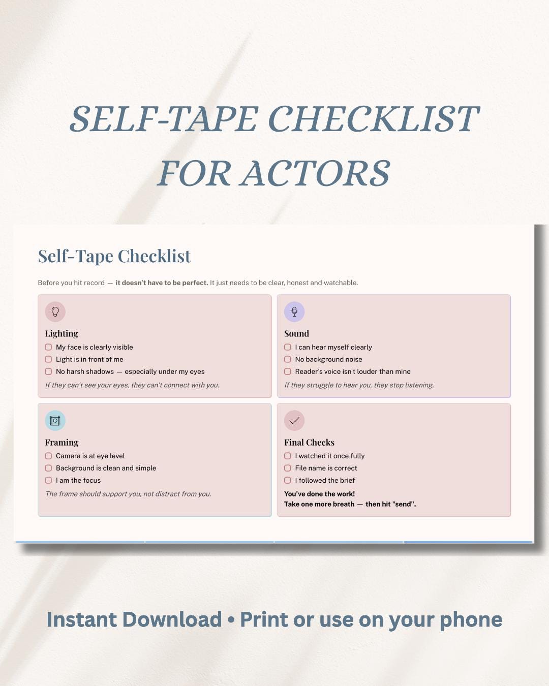 Actor Self Tape Checklist – Audition Lighting, Sound, Framing (digital ...