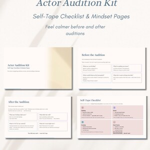 May include: A digital Actor Audition Kit with Self-Tape Checklist & Mindset Pages. The kit includes pages titled "Before the Audition", "After the Audition", and "Self-Tape Checklist". The text "Feel calmer before and after auditions" is also visible.