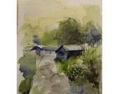 Abstract Landscape Watercolor, Original Watercolor Painting, Green and Rainy Landscape