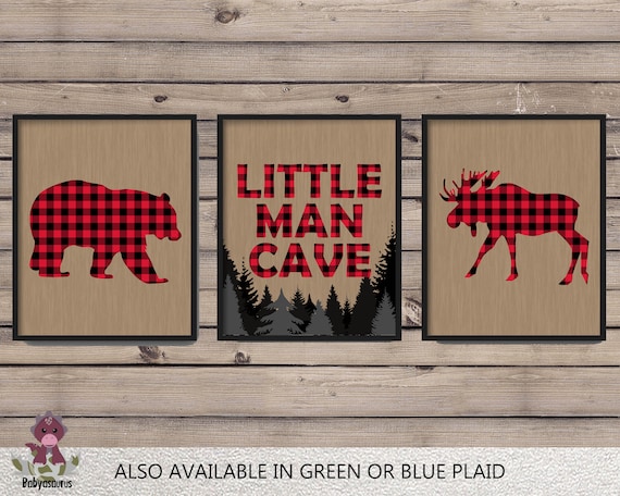 Buffalo Plaid Wall Art Set Of 3 Prints Little Man Cave Etsy