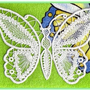 Peut inclure: Un papillon blanc en crochet avec des détails complexes, sur un fond vert et bleu.