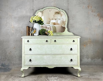 Victorian Era Green Vintage Mirrored 1940’s dresser, Four Drawer Dresser, Hand Painted Mirrored Chest, Lemon Green Orange storage bureau