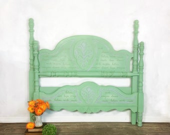 Victorian Full Twin Headboard Footboard Green Bed Frame, Convertible to Queen size, Guest Room Bed Frame, Childs Bedroom, Rails included