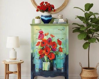 Custom Oak Tall Dresser, Hand Painted Poppy Blooms Chest