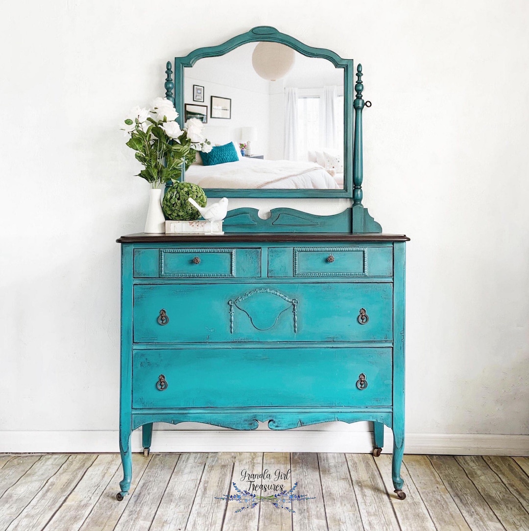 Teal Vintage Dresser, Mirrored Dresser, Custom Order Etsy