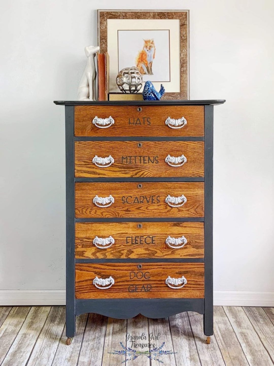 Black Vintage Tallboy Oak Dresser Natural Wood Solid Wood Bureau