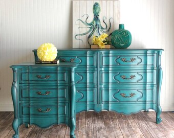 SAMPLE/Custom order/Teal Dresser, French Provincial, Vintage Dresser