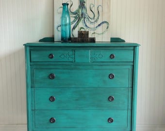 Custom Teal Tallboy Chest, Vintage Teal Hand painted Dresser, 4 Drawer Dresser, Shabby Chic Dresser, Tall Dresser, Large Dresser, Armoire