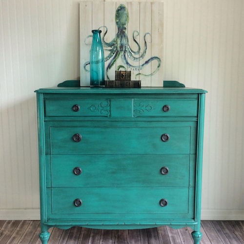 SOLD** Vintage Teal Hand painted Dresser, 4 Drawer Dresser, Shabby Chic Dresser, Tall Dresser, Large Dresser, Armoire
