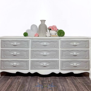 French Provincial Solid Wood Dresser, Grey Mid Century Dresser,