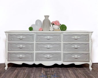 French Provincial Solid Wood Dresser, Grey Mid Century Dresser,